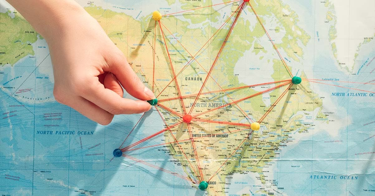 Map showing multiple destinations connected with route lines